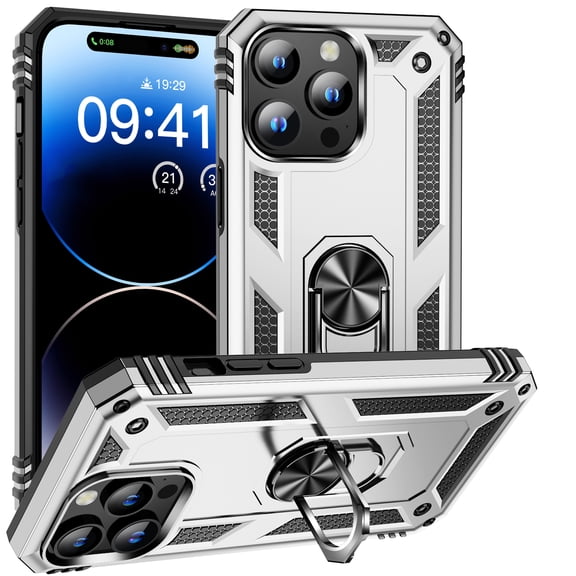 Compatible with iPhone 16 Pro Protective Case,Heavy Duty Shockproof Armor Phone Case with 360° Rotating Metal Ring Holder Kickstand Military Grade Protection Rugged Cover,Silver