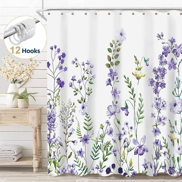 Dznils Cortina Shower de Tela Floral Blanca Cortina de Baño de Acuarela con Ganchos, Morado, 72 x 72