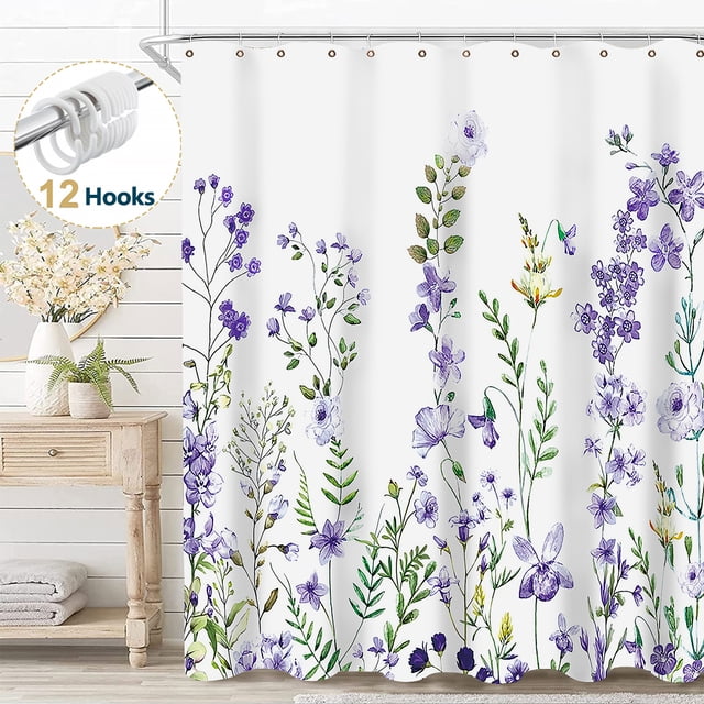 Dznils Cortina Shower de Tela Floral Blanca Cortina de Baño de Acuarela con Ganchos, Morado, 72 x 72