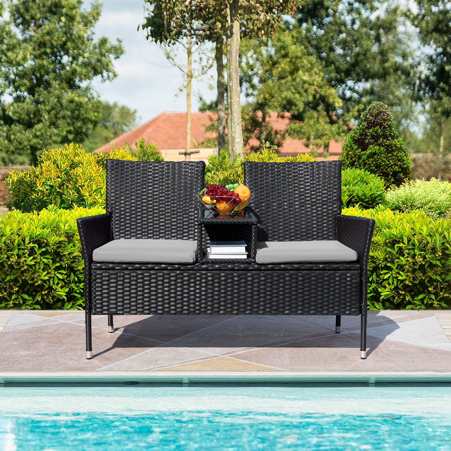 Devoko Outdoor Patio Loveseat Modern Rattan Patio Conversation Furniture Set with Cushions & Built-in Coffee Table Porch Furniture for Garden Lawn Backyard, Gray