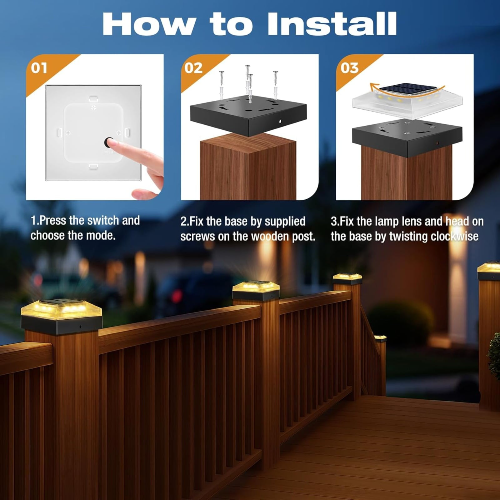 4 Pack 4x4 Solar Post Cap Lights Outdoor, Waterproof Dusk to Dawn 3 Color Modes LED Fence Post Lights for 4 inch Vinyl PVC Wood Posts Deck Driveway Porch Backyard Black