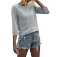 thumbnail image 4 of Women's T-Shirts Long Sleeve Womens Fall Tops Fashion Crewneck 3/4 Sleeve Solid Basic Cute Tee Shirts Grey L, 4 of 7