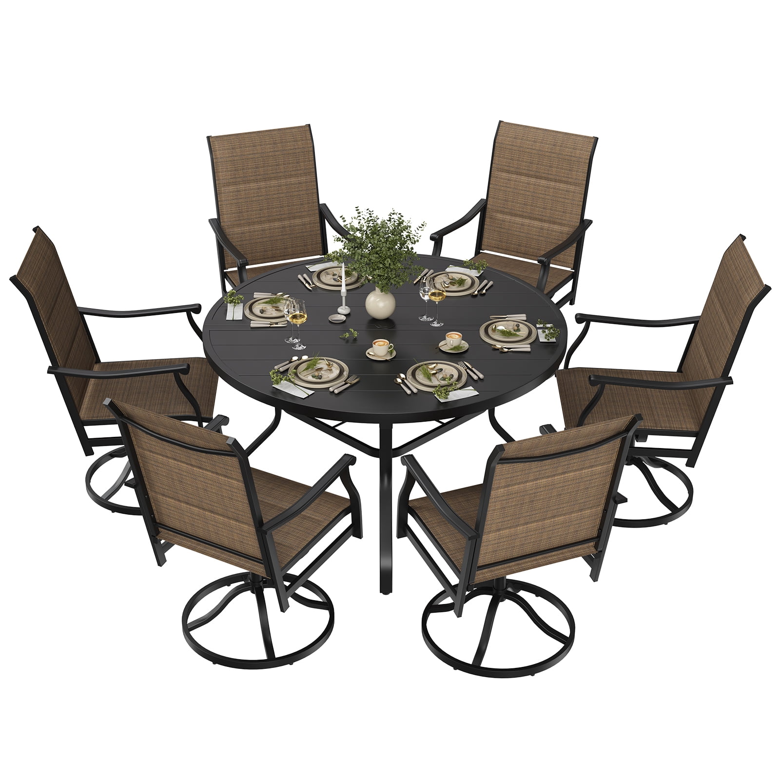 STARY 7 Pieces Outdoor Dining Set with 1.57" Umbrella Hole, Patio Swivel Dining Textilene Chairs and 47.2" Iron Round Table for 6 People, Poolside
