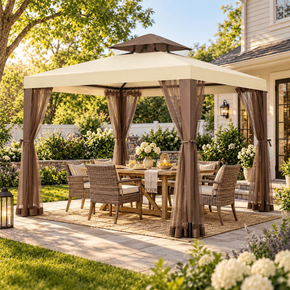 10 x 10 ft Outdoor Gazebo Tent with Mosquito Netting, Double Roof Canopy Backyard Patio Shelter