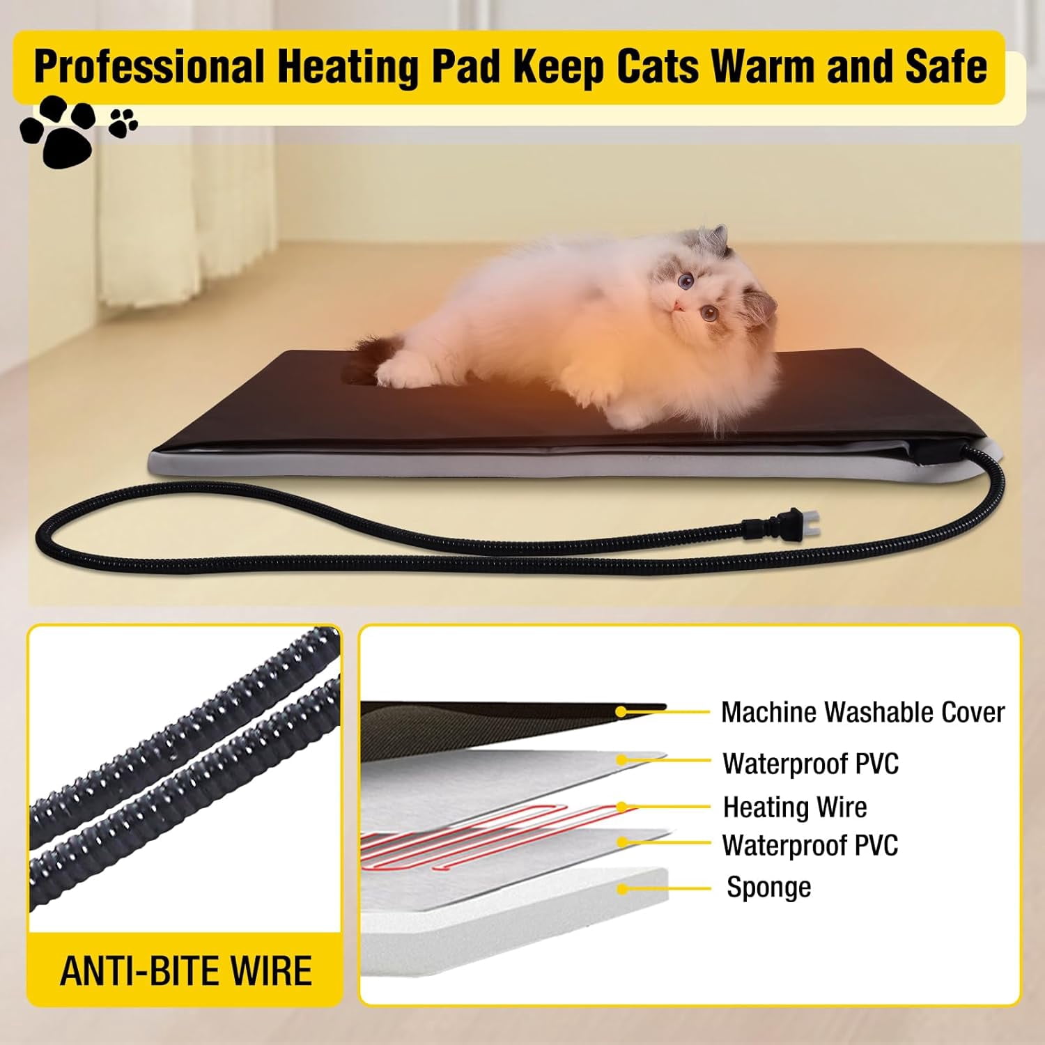 Aivituvin Heated Cat House for Outside Large Outdoor Cat House Insulated Weatherproof Feral Cat Shelter with Heating Pad, Insulated Thermal Liner, Chewproof Cable for 1-4 Cats, Winter-Ready (Black)