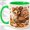 Green, variant on Cute Turkey Fall 11oz Ceramic Mug with Patchwork Feather Artwork Ceramic mug featuring a bow turkey, patterned feathers, pumpkins, acorns, and autumn leaves for coffee or tea