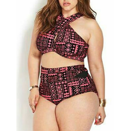 - Plus Size Women High Waisted Bikini Set Padded Halter Swimwear Bathing Swimsuit
