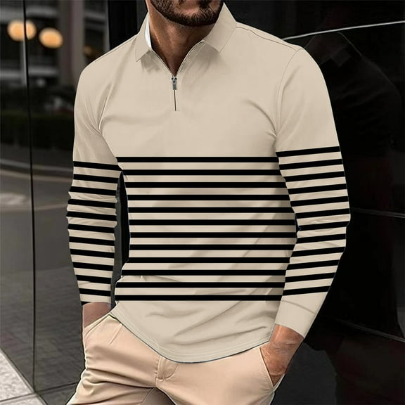 Fnnxeal Mens Polo Shirts Striped Long Sleeve Button Casual Fall Winter Beige Lightweight Polos Shirts for Men Size 2XL