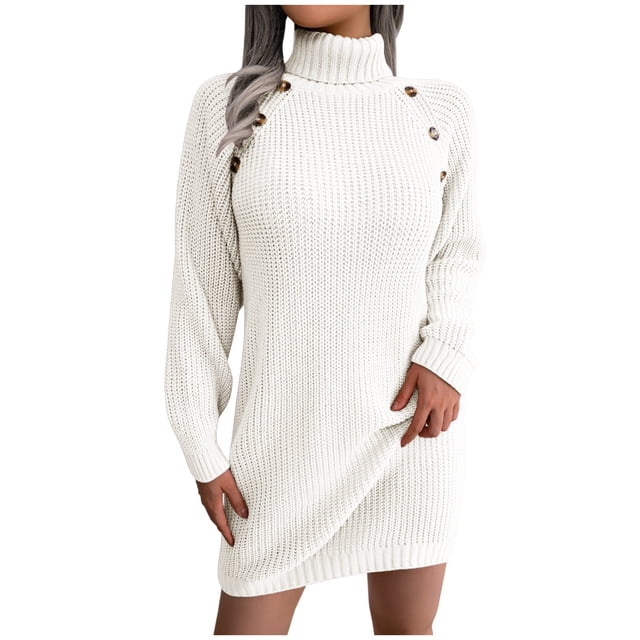 Robe Chandail en Tricot à Col Roulé pour Femmes Mini Robe à Boutons Manches Longues Robe Décontractée Extensible Automne Hiver