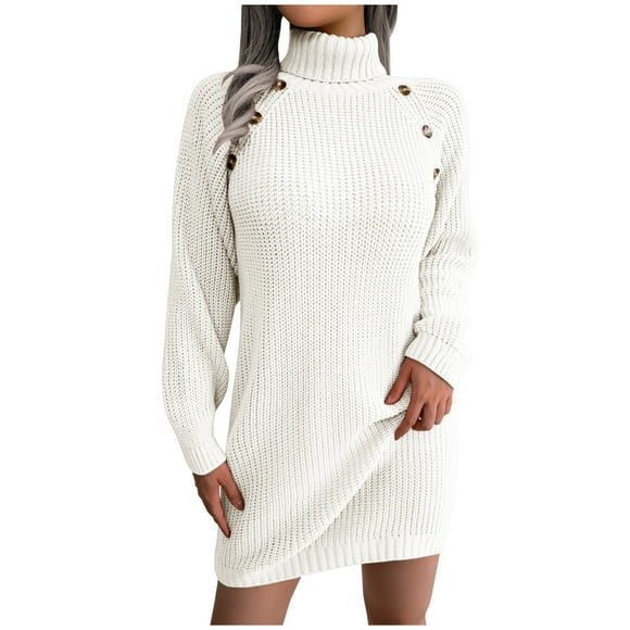 Womens Turtleneck Long Sleeve Womens Autumn And Winter Casual Button Turtleneck Long Sleeve Bottoming Sweater Dress