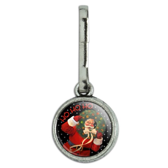 Christmas Holiday Santa Ho Ho Ho Wreath Antiqued Charm Clothes Purse Suitcase Backpack Zipper Pull Aid
