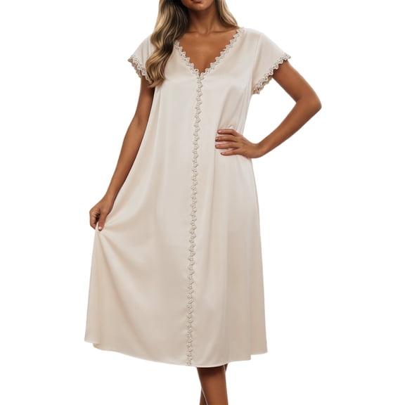Womens Nightgowns Solid Color V Neck Short Sleeve Midi Length Ice Silk Pajamas Dress Elegant Summer Home Wear Beige L