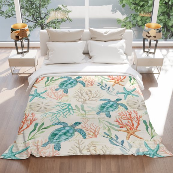 Flannel Fleece Throw Blanket Summer Sea Turtle Starfish Coral Lightweight Soft Plush Blankets 60x80in, Ocean Creature Retro Letter Cozy Warm Throw Blanket for Couch Sofa Bed Car Office