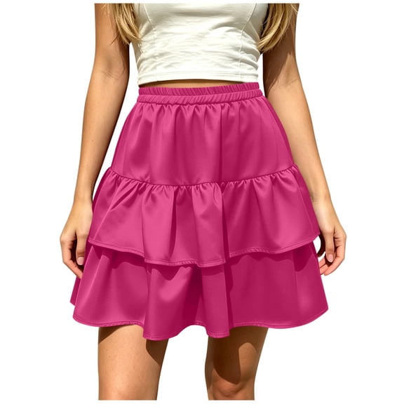 Squevariel Solid Color Mini Skirt for Women Elastic High Waist Pleated Tiered Skirt Fashion Summer Ruffle Skirts