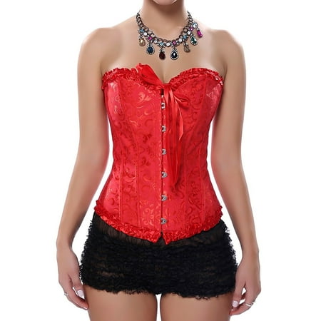 SAYFUT Fashion Women's Lace Up Boned Sexy Overbust Corset Bustier Plus Size Body Shaper Top with G-String Red Size S-6XL