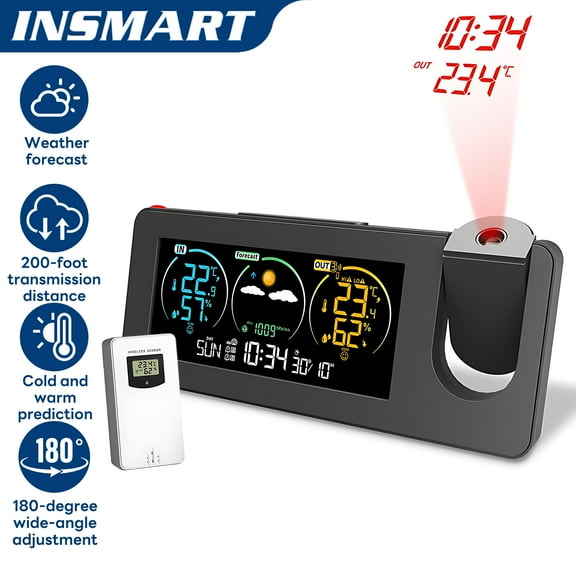 INSMART Projection Alarm Clock with Weather Forecast & Snooze,Dual Alarms, 180° Adjustable Projector, Wireless Sensors, Humidity & Temp Display, USB Charger, Battery Backup – Ideal for Bedrooms