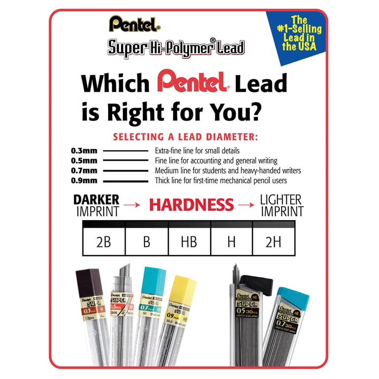 Pentel 0,7 mm Maat B Hardheid Potloodstift Navulling Vervanging Reserve Stiften Hi Pollymer Super Voor Automatische & Mechanische Potloden (Verpakking van 3 Tubes - 36 Stuks