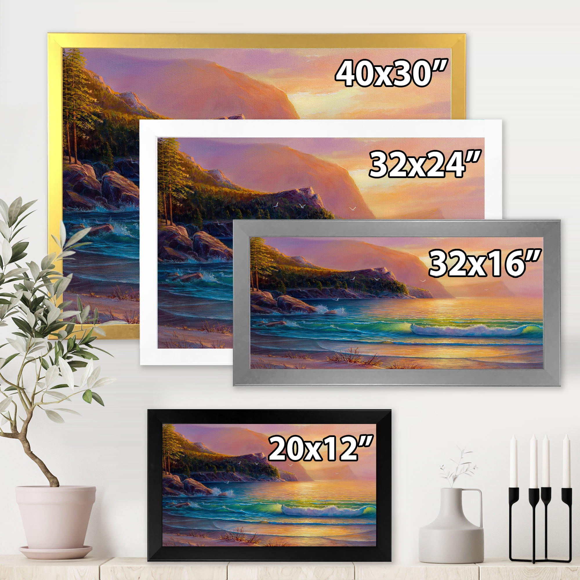 Romantic Beach During Warm Evening 40 in x 30 in Framed Painting Canvas Art Print, by Designart