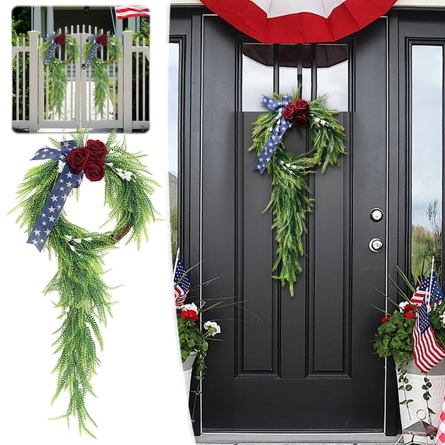 Independence Day Patriotic Wreath With Red Roses Blue Ribbons And For Wall And Door Hanging