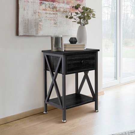 PWOPWOE Nightstand with Drawer and Open Storage Shelves  Bedside End Table for Bedroom Living Room  Brown/Black/White