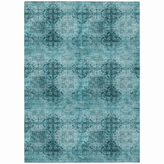 HomeRoots 563004 8 x 10 ft. Teal Floral Medallion Washable Non Skid Indoor Outdoor Rectangle Machine Woven Area Rug
