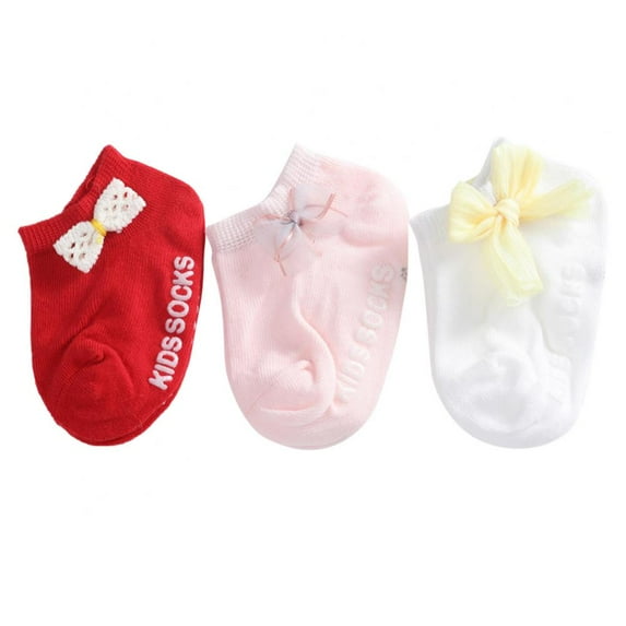 SYNPOS 0-5T 3 Pair Baby Girls Socks, Infant Cotton Lace Bow Anti Slip Floor Socks