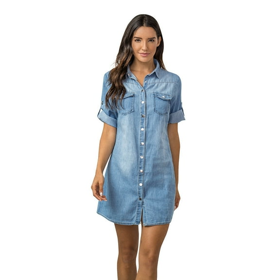 RYDCOT Women Short Sleeve Solid Denim Dress Turn Down Collar Mini Dress