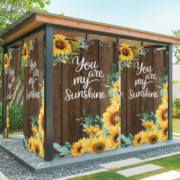 Outdoor Waterproof Patio Curtain 95" Length-1 panel,Pastoral Sunflower Brown Plank Outside Privacy Curtains Blackout Grommet Drapes for Porch Pergola,You Are My Sunshine Quote