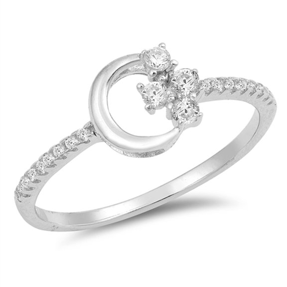 Clear CZ Crescent Moon Star Cross Ring .925 Sterling Silver Band White Jewelry Female Size 5