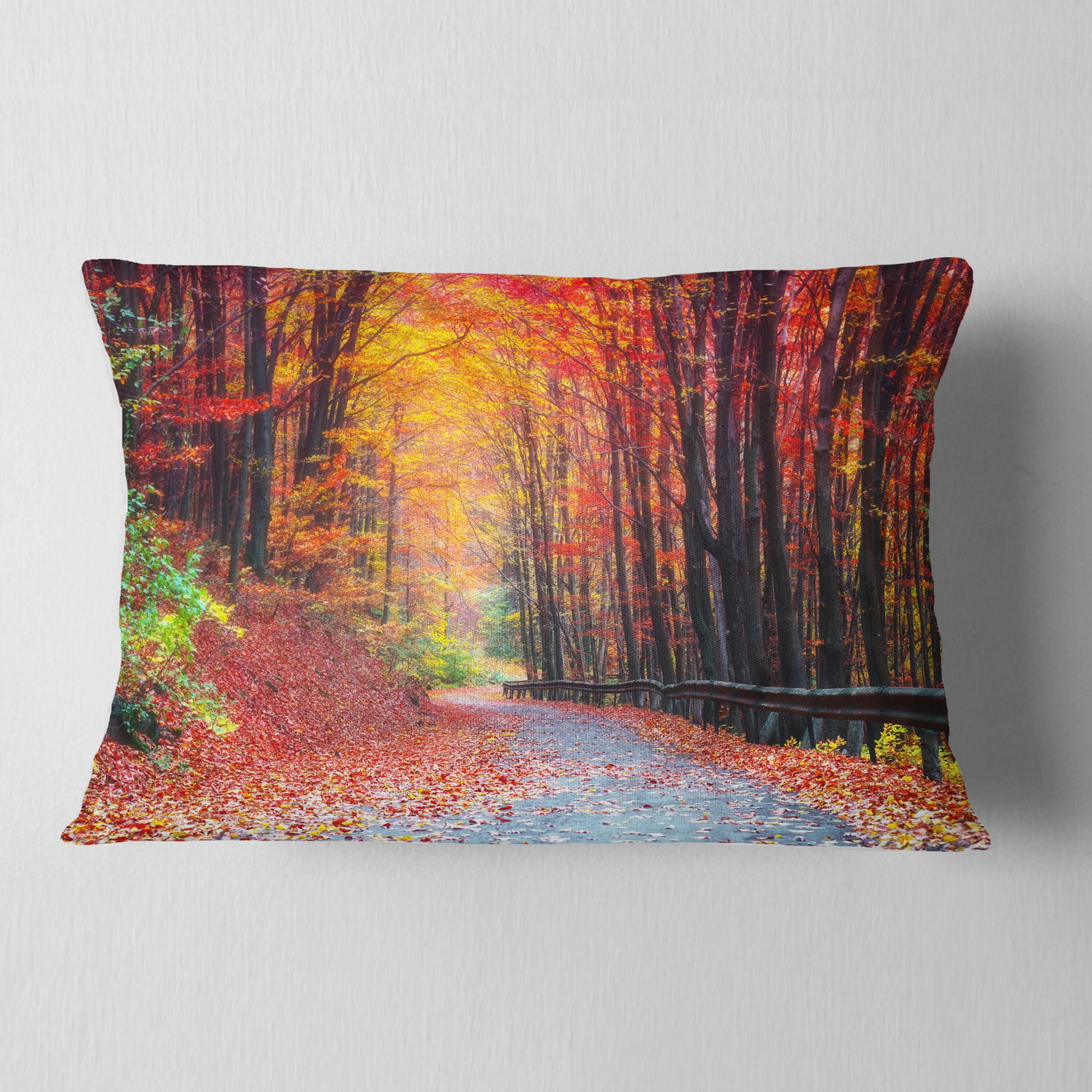 Designart Road in Beautiful Autumn Forest - Modern Forest Throw Pillow - 12x20