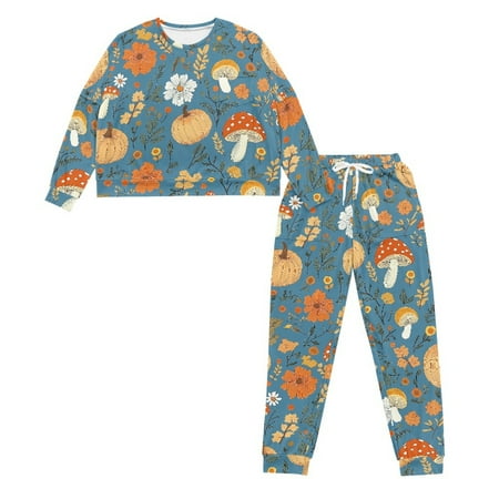 HELLHERO Thanksgiving Pajama Set for Women Pumpkin Mushroom Printed Pjs Set Crewneck Sleepwear Floral Printed Loungewear with Pockets 2XL