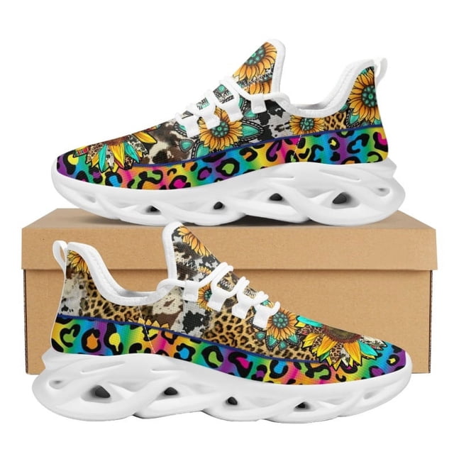Zapatillas de deporte con plataforma y amortiguación de aire transpirables para mujer, diseño de leopardo y girasol, de malla, con cordones Peace and Love