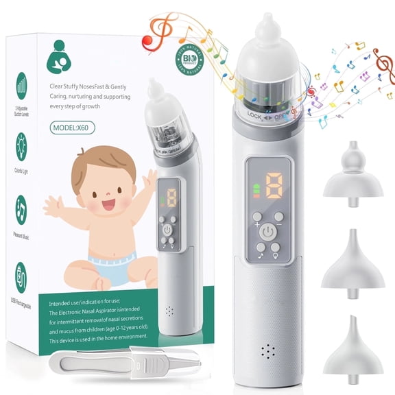 Skdwakiz Nasal Aspirator for Baby, Electric Baby Nose Sucker, Automatic Toddlers Nose Cleaner with 5 Suctions Power, 3 Silicone Tips, 3 Music Modes & Light Soothing Function