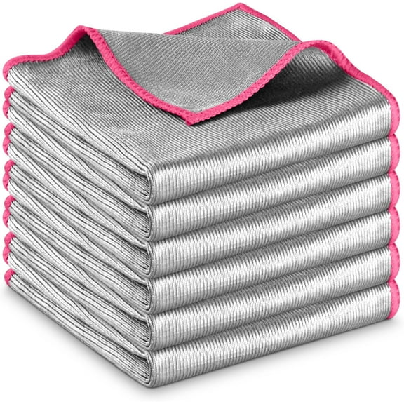 Glass Polishing Cloth Streak Free Miracle Microfiber Cleaning Cloth Lint Free Cleaning Rags for Glasses Kitchen Dish Mirrors Easy Clean, Pack of 6, 12" x 12", Sliver-Pink