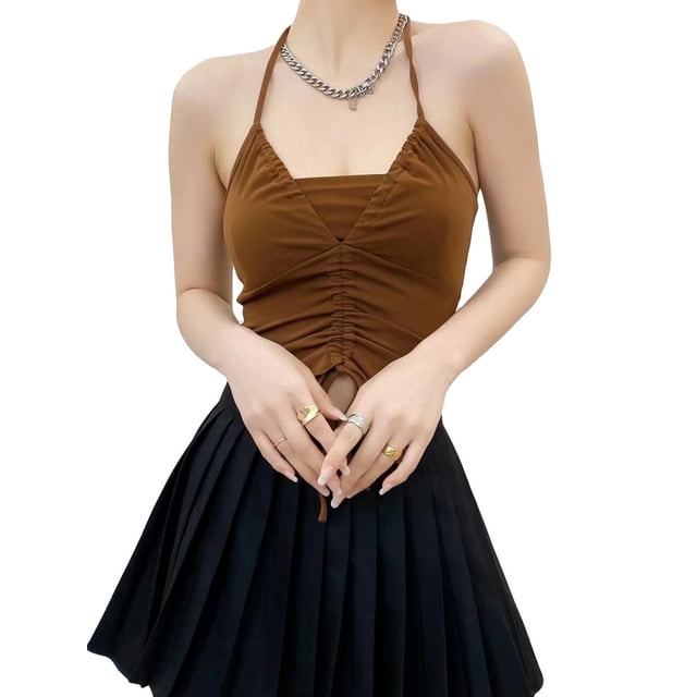 xiaxaixu Femmes Sexy Licol Cami Backless Tops Casual Ruched Sortir Crop Tops Chemise Streetwear (Blanc, S)