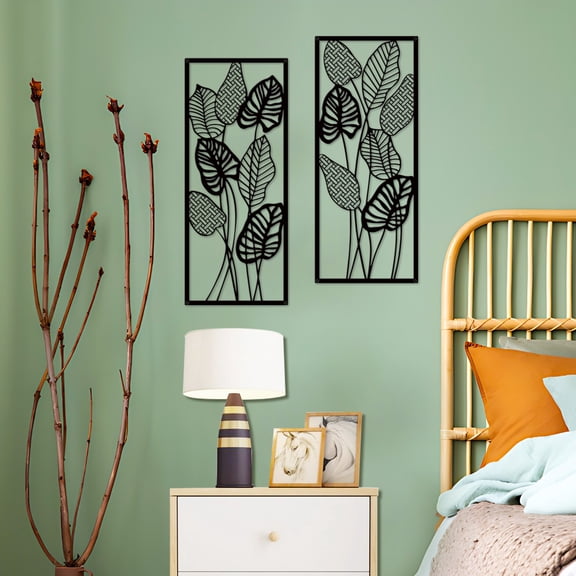 ESTART 2 Pcs Metal Leaf Wall Art, Tropical Leaves Wall Decor, Black Hanging Wall Art for Farmhouse Living Room Bathroom Hallway Office