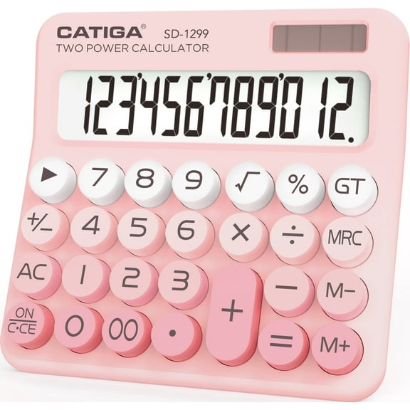 CATIGA Mechanical Switch Calculator with Dual Power, 12-Digit Aesthetic and Cute Desktop Calculator with Big Button, for Home, School and Office Use, SD-1299 (Blush Pink)