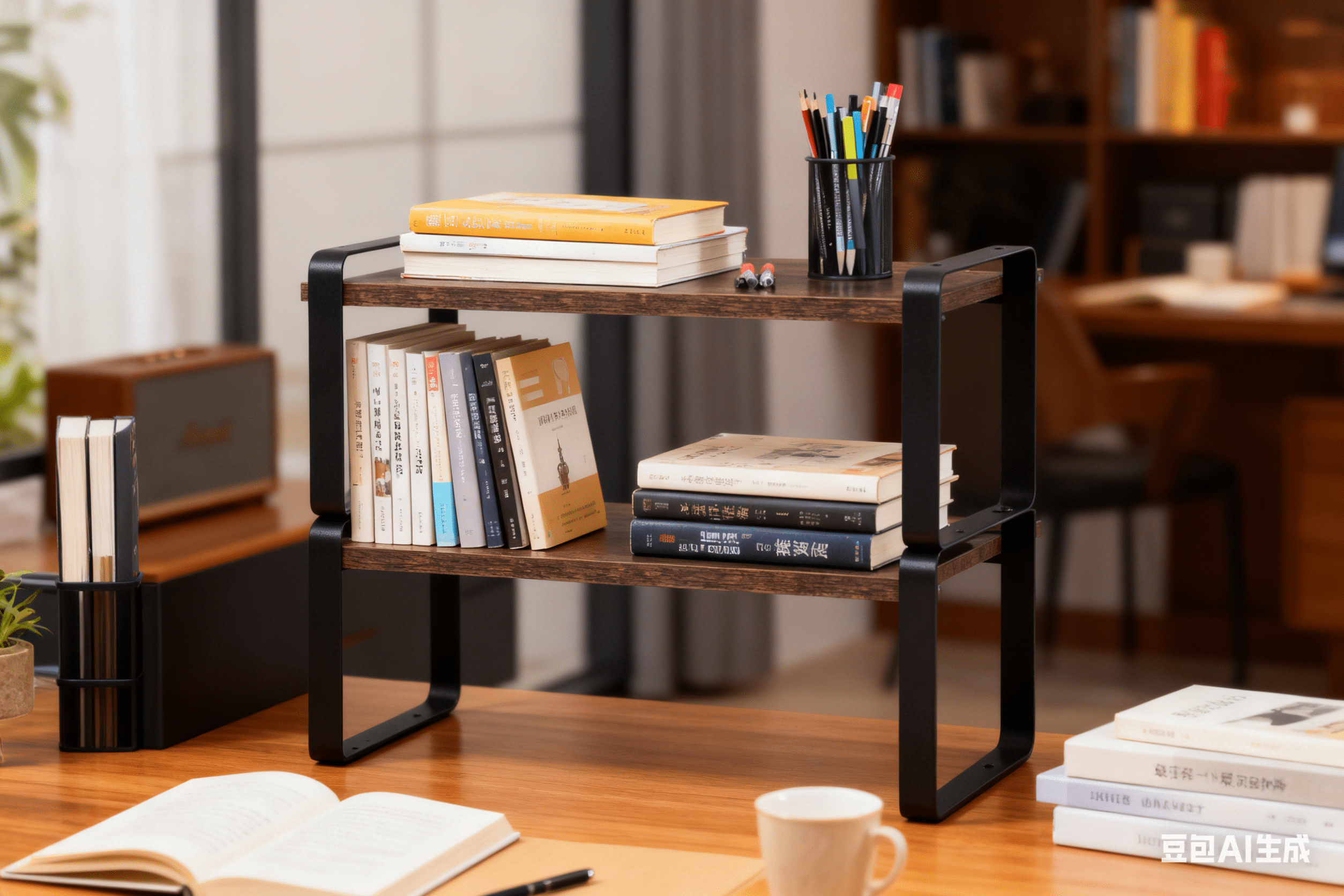 2 Tier Storage Shelves, Adjustable Shelving Unit, Wood Effect And Metal Frame, Home Storage Shelf for Kitchen Bathroom, Black