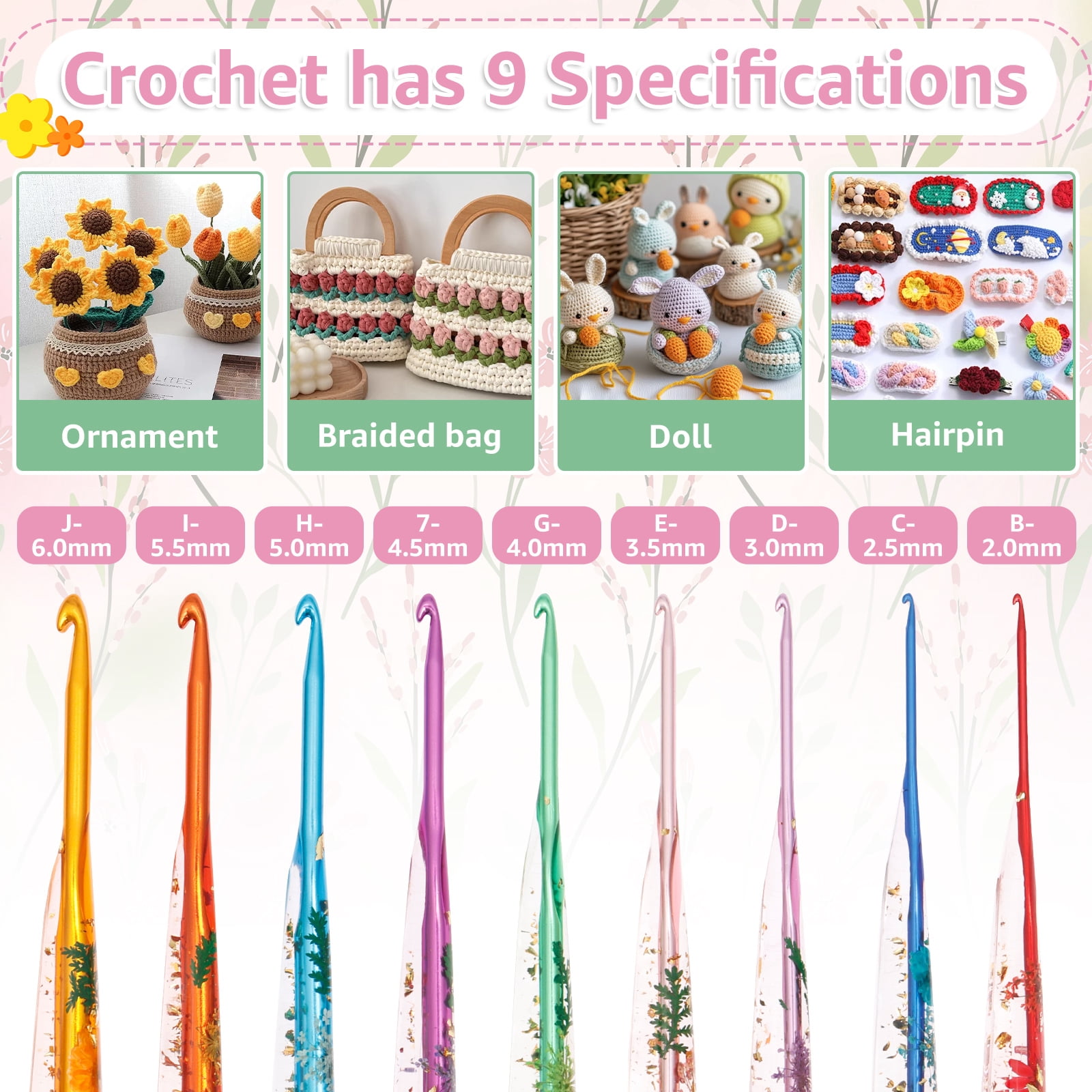 FYJUCPA Crochet Hook Set, 9PCS Ergonomic Hooks with Floral Resin Grip & Storage Bag, for Blanket Doll Shawl Hat Scarf Crocheting, Great Gift