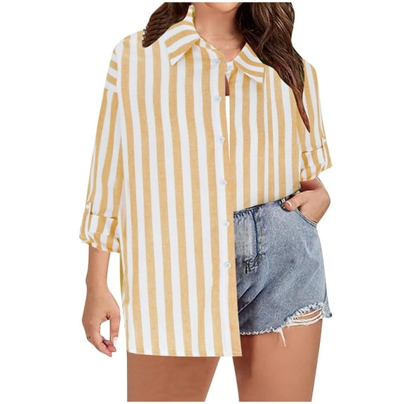 Womens Linen Striped Shirt Button Up Plus Size Casual Rolled Long Sleeve Blouses Loose Lapel Collared Shirts (XL, Yellow)