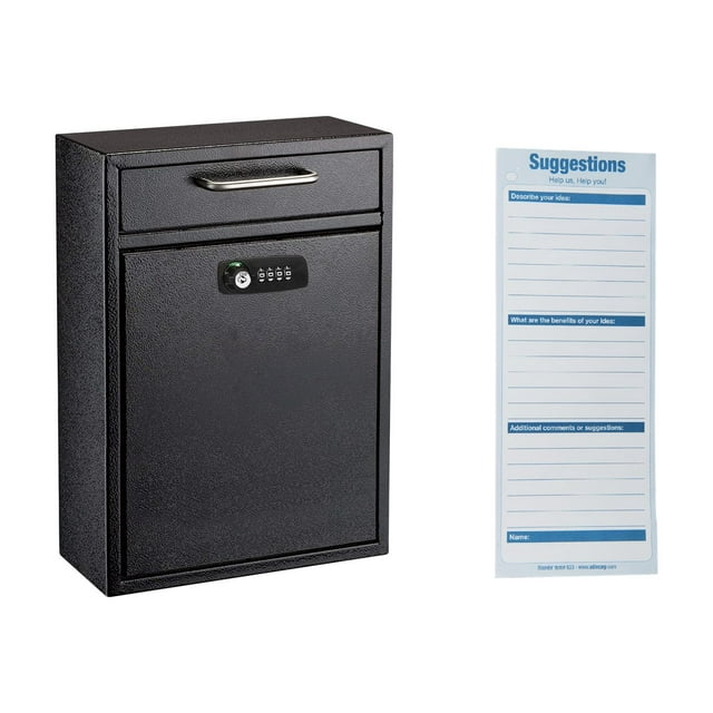 AdirOffice Grande Boîte de Dépôt Sécurisée Noire Murale avec Clé et Serrure à Combinaison avec Cartes de Suggestion