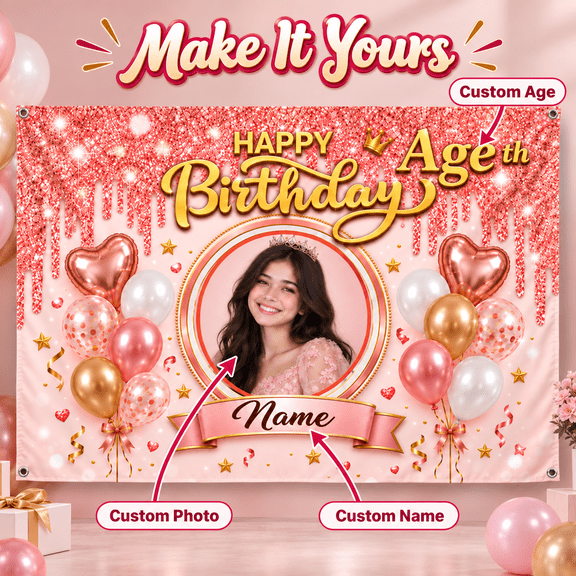Custom Happy Birthday Banner Backdrop - Custom Age Years Old Birthday Decorations Party Supplies for Girl - Rose Gold 7x5ft