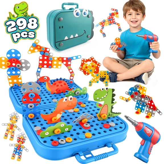 Huge Wave Magic Montessori Play Toolbox for Kids, 298Pcs Dinosaur Toy 2D/3D Engineering Building Play Tool Box with Drill, Creativity Christmas Gifts for Toddler Aged 3-8