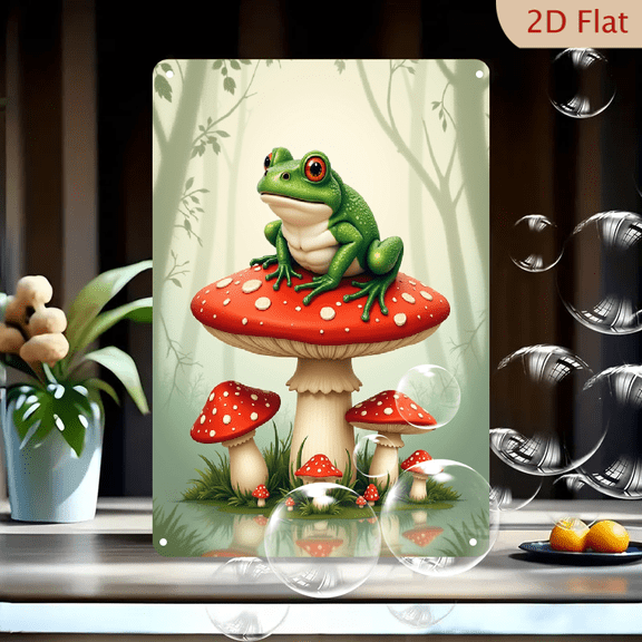 Vintage Tin Sign Funny Frog Red Mushroom Decor Nature Wall Decor 12x8 Inch