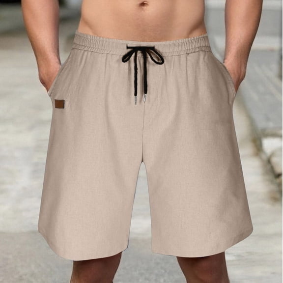 lcziwo Shorts Men with Pockets Cotton Linen Classic Fit Holiday Hiking Shorts Beach Fishing Outdoor Drawstring Chino Short Khaki XL