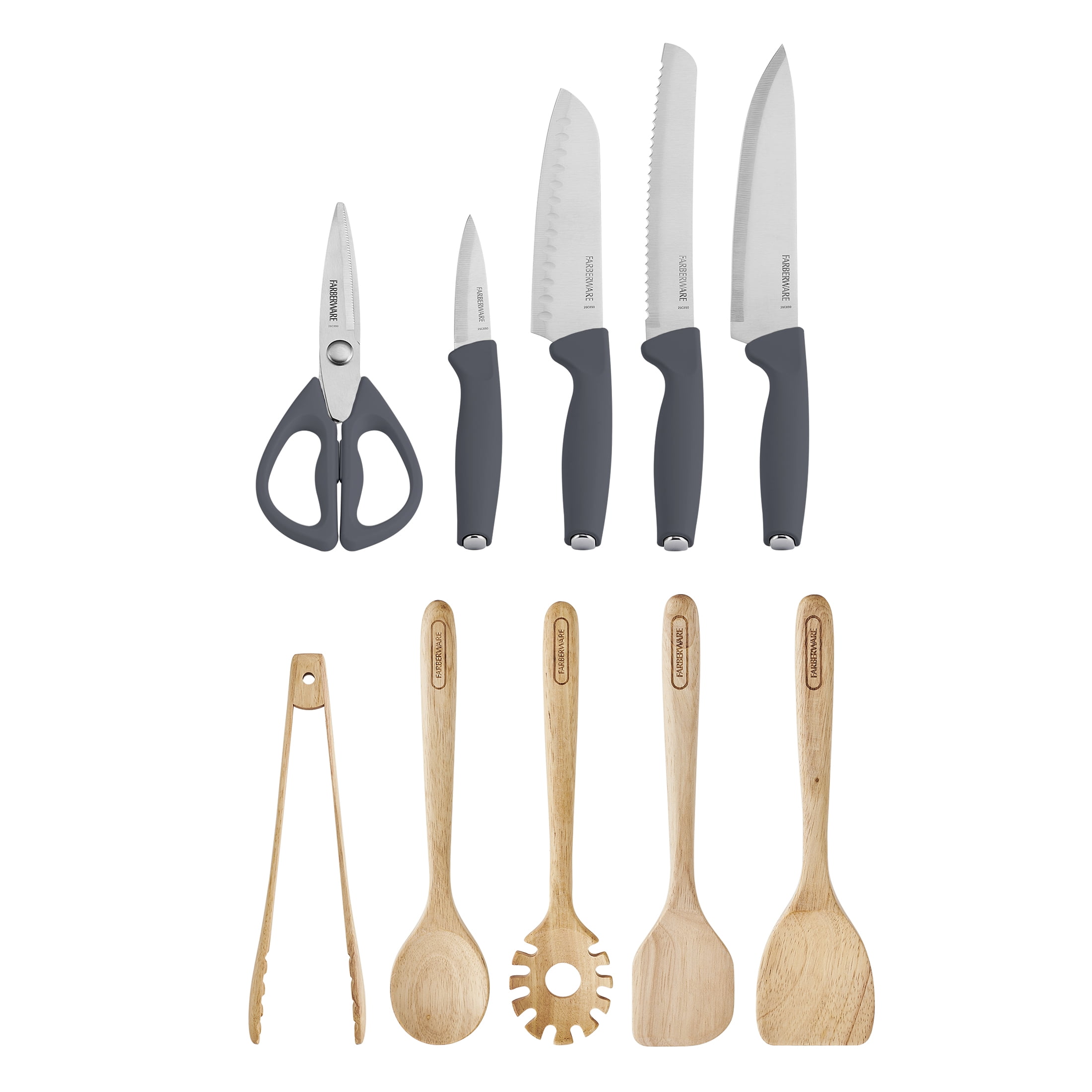 Farberware Professional Wood Kitchen Utensil and Knife Set with Counter Storage Smoke, 13-Piece