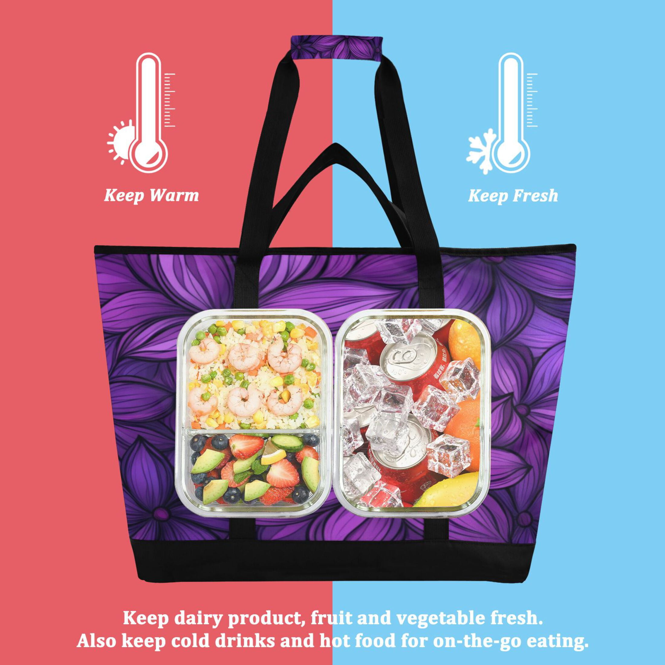 Large Hand-held Ice Pack Picnic Bag Insulation and Refrigeration Suitable for Shopping Picnics and Camping Large Purple Flower Pattern