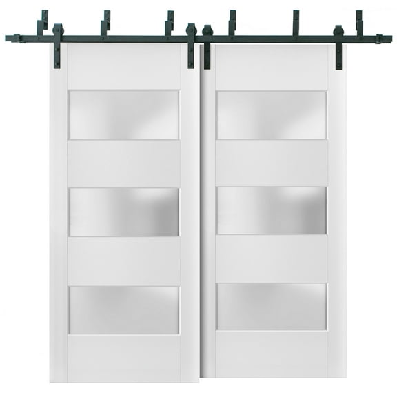 Sliding Closet Frosted Glass 3 Lites Barn Bypass Doors 36 x 84 inches | Lucia 4070 White Silk | Sturdy 6.6ft Rails Hardware Set | Wood Solid Bedroom Wardrobe Doors
