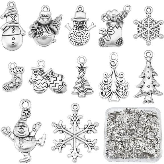 1Box Christmas Charms Assorted Christmas Tree Charms Snowflake Charm Bulk Antique Silver or Antique Bronze Snowman Santa Claus Jingle Bells Reindeer Winter Charms