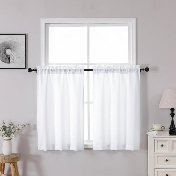 shiyou-Heidi Kitchen Curtains - Tiers, 30 Inch Length, 2 Panels Set for Dining Room, Light Filtering for Bathroom, Basement, Small Rooms, Rod Pocket, Solid Color, 2 Pcs, Each 30" W x 30" L